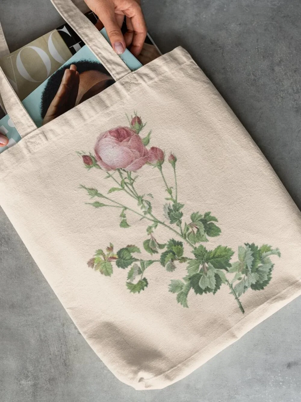 Cabbage Rose Vintage Floral Print Graphic Canvas Tote Bag